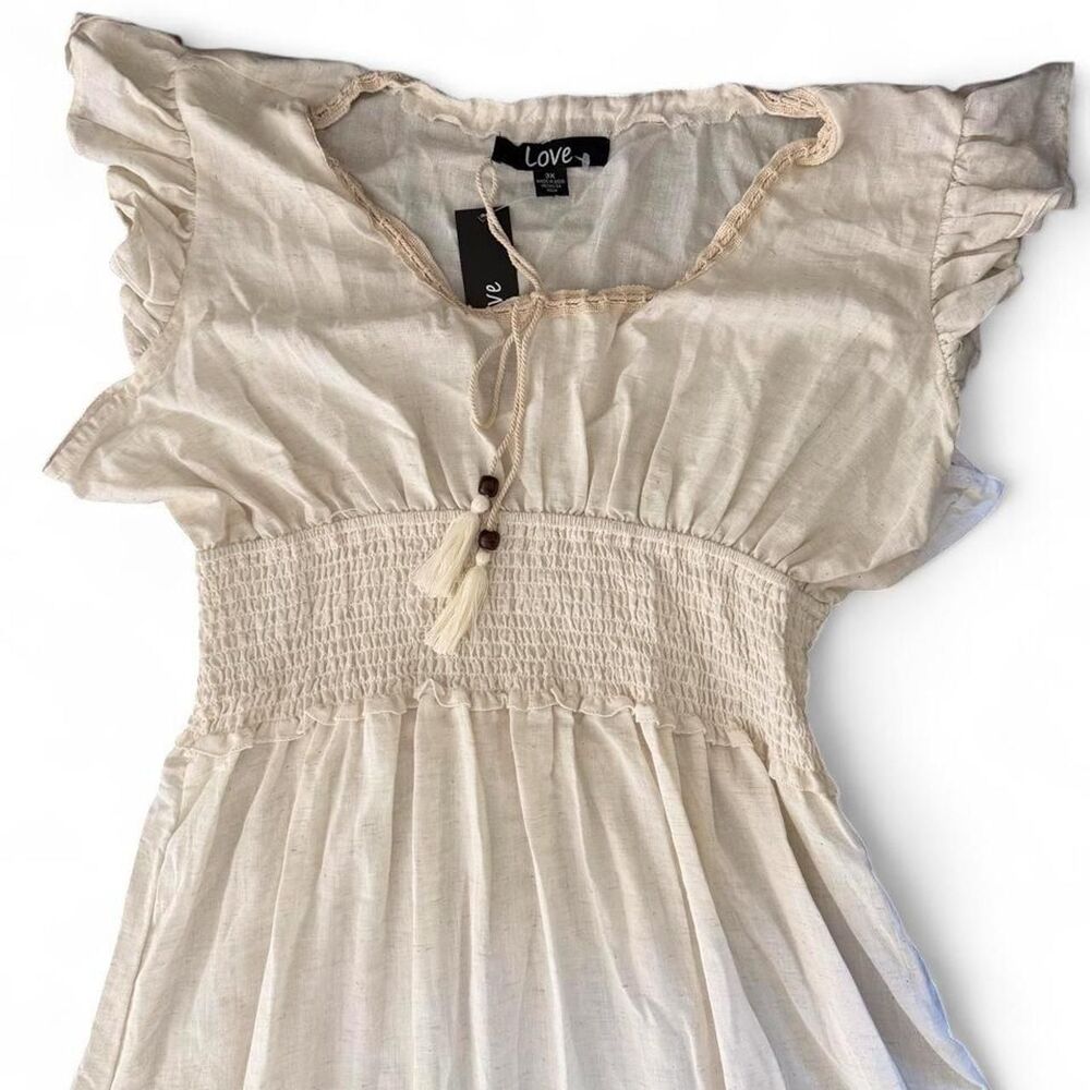 Women's Cotton Linen Cream and Tan Midi Dress Size 2XL - Picture 5 of 6